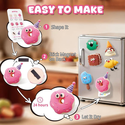 Easy-to-make fridge magnets tutorial result using kids air dry clay kit, showing completed designs attached to a fridge surface. Lightweight, durable, and long-lasting DIY crafts that stay in place. Perfect creative kit for kids, family activities, and unique handmade gift ideas for birthdays or holidays.