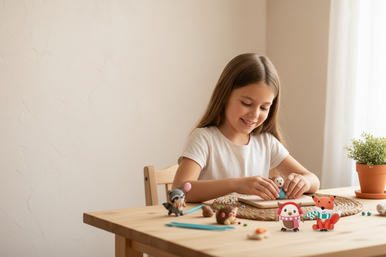 Air-dry clay kit set for kids and adults featuring handmade pastel dessert figurines on a neutral background, designed for screen-free creative play, calm focus, mindfulness and fine motor skill development. Modern creative clay kit activity for families, gift ideas, Montessori-inspired play and relaxing DIY art experience.