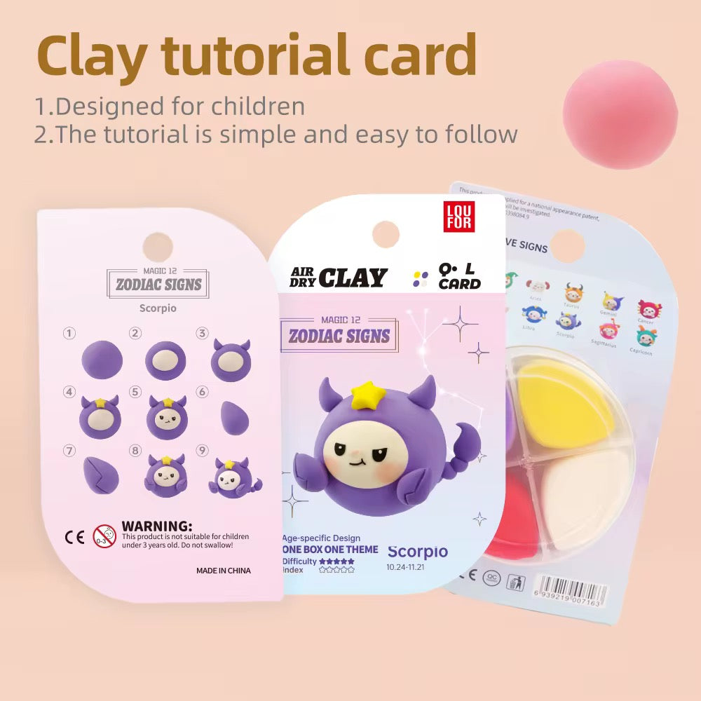 Air Dry Clay Kit – a creative DIY craft box with 12 collectible zodiac figurines. Perfect for kids and adults to relax, focus, and create art without screens. Montessori-inspired activity that develops fine motor skills, patience, and imagination. Safe, non-toxic, and eco-friendly materials.