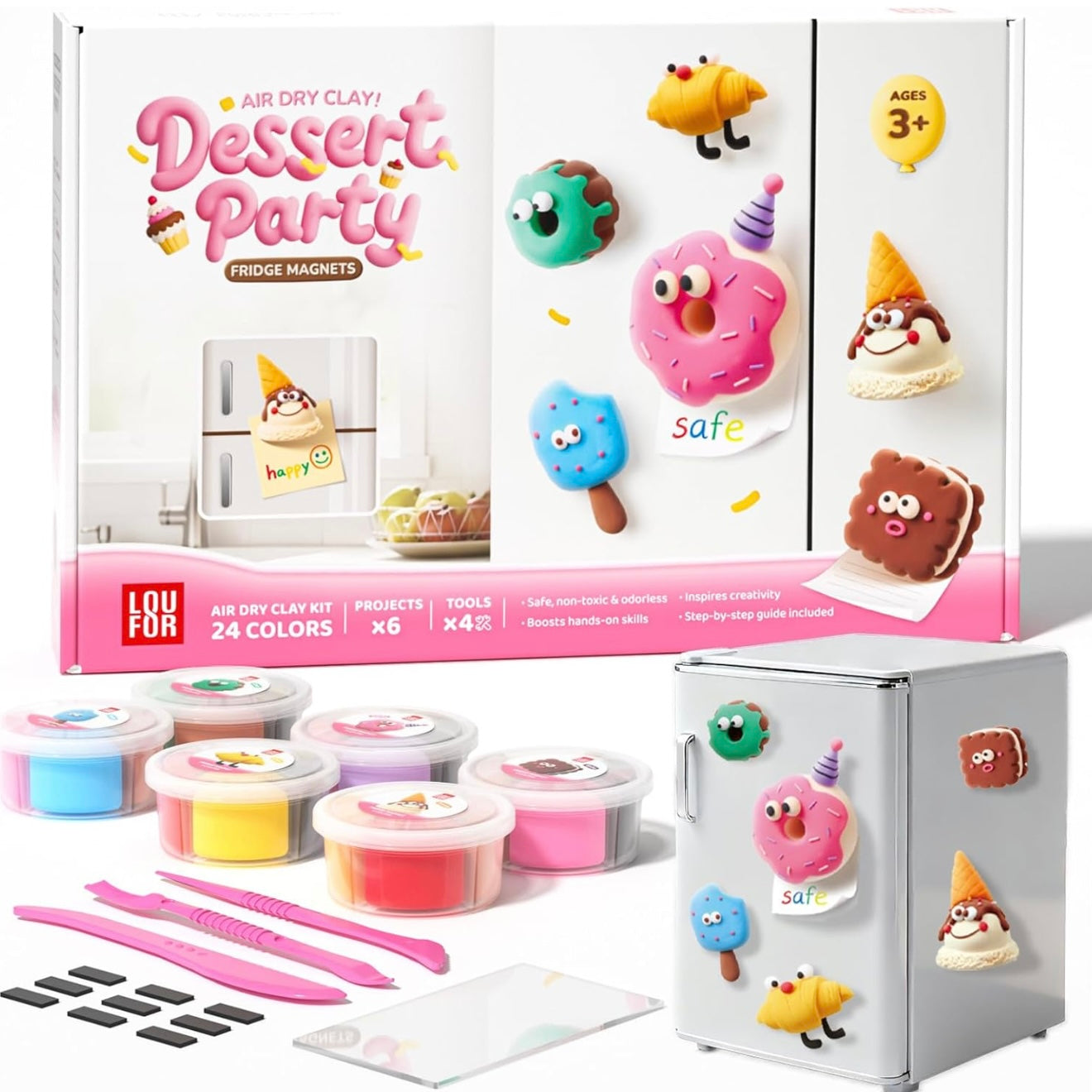 Air dry clay kit for kids with DIY fridge magnets set, including colorful clay, sculpting tools, and magnet accessories in a fun dessert theme box. Creative kids craft kit designed for imaginative play, fine motor skill development, and screen-free activities at home, perfect as a unique gift for children and family bonding time.