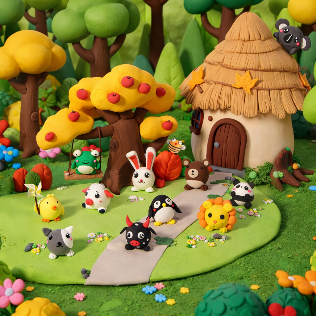 Colorful air-dry clay park scene with handmade animal figures, cherry blossom trees, and a small pond with a swan. A Ferris wheel stands in the background, creating a playful amusement park setting. This creative DIY clay display highlights Montessori-style play, fine motor skill development, and screen-free activities for kids.