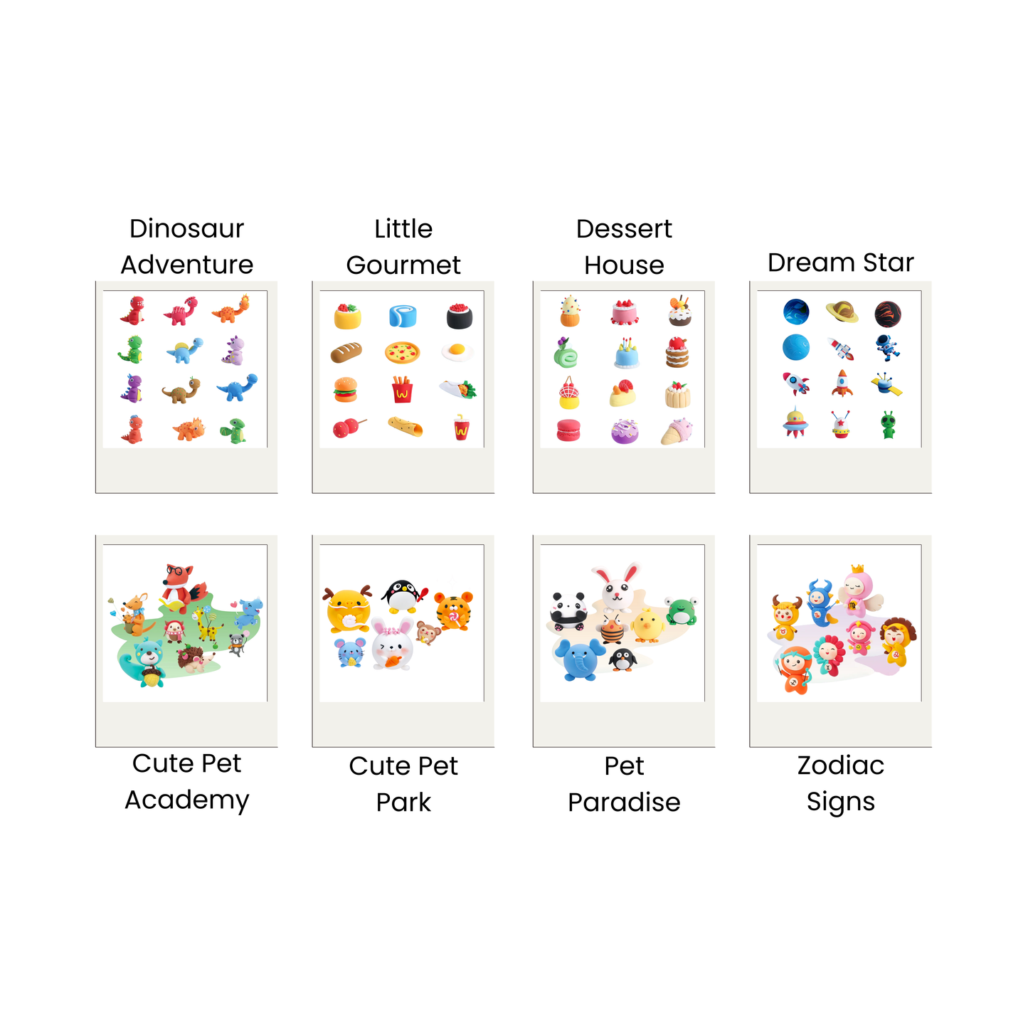 Air Dry Clay kit. Collection of colorful illustrations labeled 'Dinosaur Adventure', 'Little Gourmet', 'Dessert House', 'Dream Star', 'Cute Pet Academy', 'Pet Paradise', and 'Zodiac Signs' on a white background.