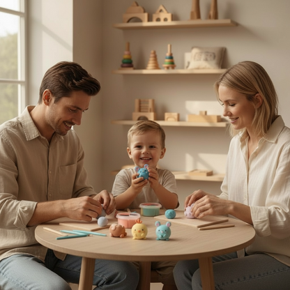 Parents and young child enjoying creative play with air dry clay at a small wooden table in a cozy Scandinavian style home. Montessori inspired screen free family activity that encourages bonding, creativity, fine motor skill development and calm mindful time together through hands on play.