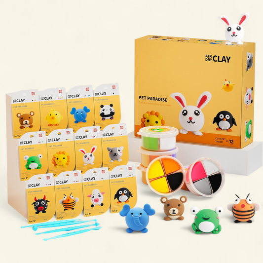 Pet Paradise Air Dry Clay Kit featuring 12 adorable animal figurines like bunny, panda, frog, bear, and bee. This Montessori-inspired creative kit encourages hands-on learning, imagination, and screen-free play for kids and families. Perfect as a thoughtful gift that sparks joy, creativity, and togetherness — transforming simple clay into a world of cute and happy animal friends.
