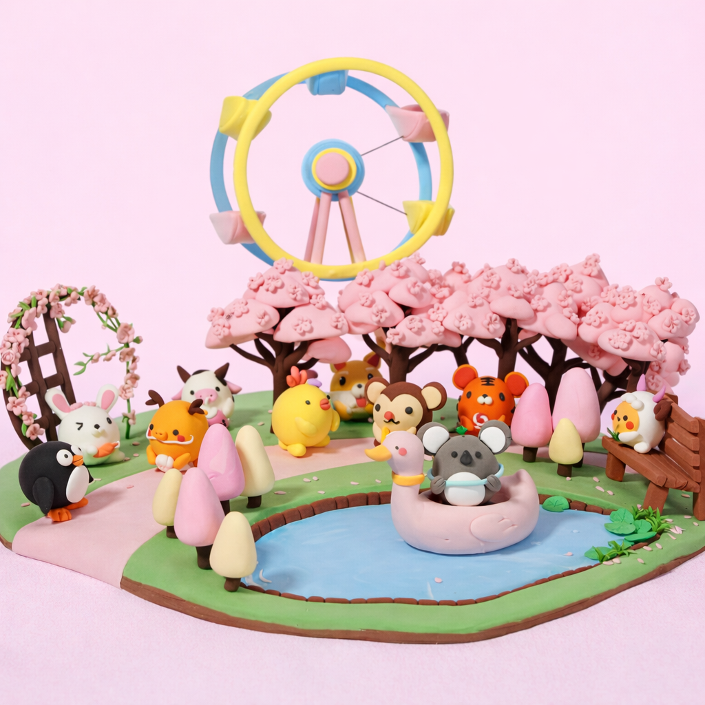 Clay animal scene with animals around a pond, cherry blossom trees, and a Ferris wheel on a pink background