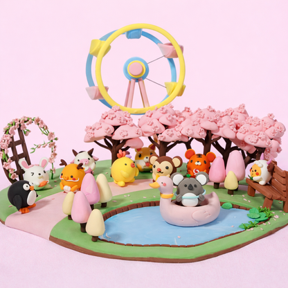 Clay animal scene with animals around a pond, cherry blossom trees, and a Ferris wheel on a pink background
