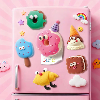 Finished DIY fridge magnets made from air dry clay in cute colorful dessert and character designs. Creative handmade crafts for kids that can be displayed on refrigerators as decoration. Encourages imagination, creativity, and pride in handmade creations, making it a meaningful keepsake or personalized gift idea.