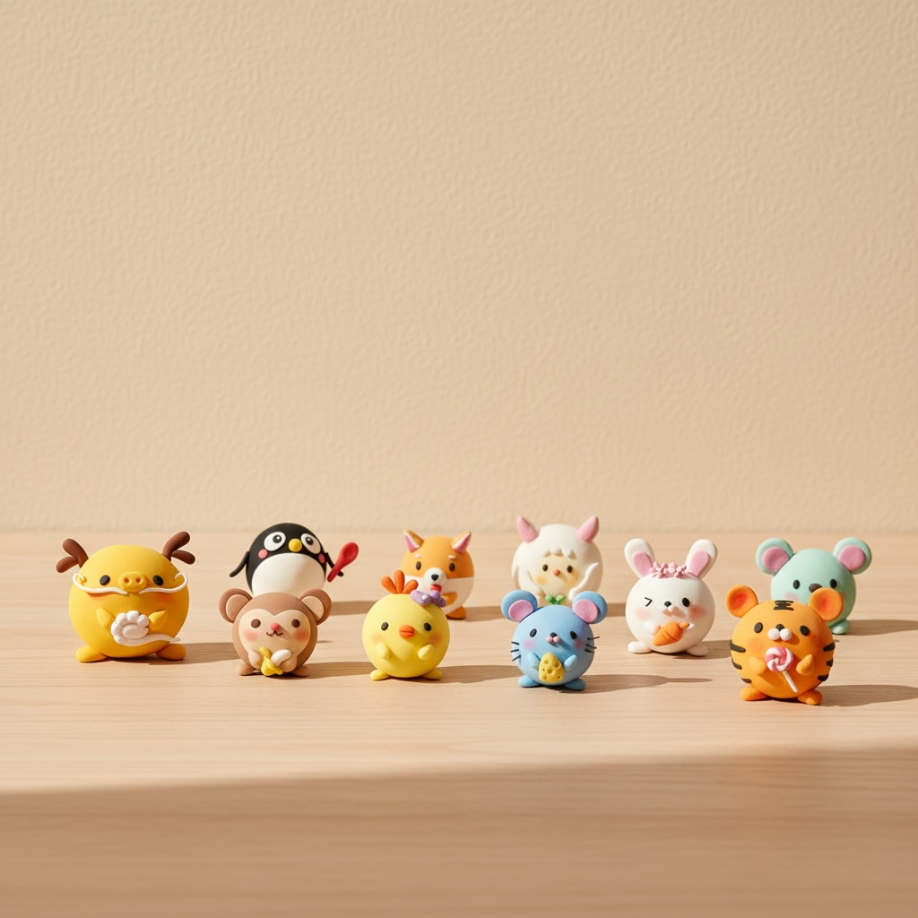 Cute animal themed air dry clay figures arranged in a row on a light wooden surface, featuring handmade style characters in soft pastel colors. Minimalist product photography showcasing creative clay figurines for kids and adults, Montessori inspired DIY activity that supports imagination, fine motor skills and screen free creative play at home.