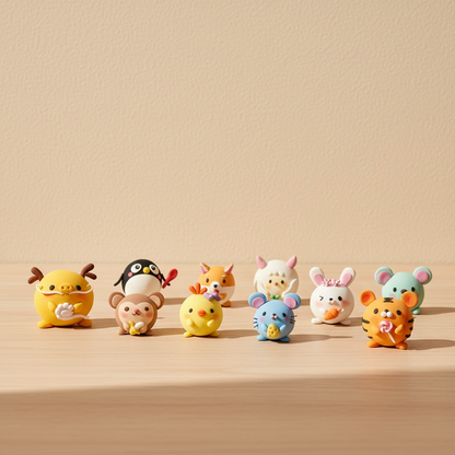 Cute animal themed air dry clay figures arranged in a row on a light wooden surface, featuring handmade style characters in soft pastel colors. Minimalist product photography showcasing creative clay figurines for kids and adults, Montessori inspired DIY activity that supports imagination, fine motor skills and screen free creative play at home.