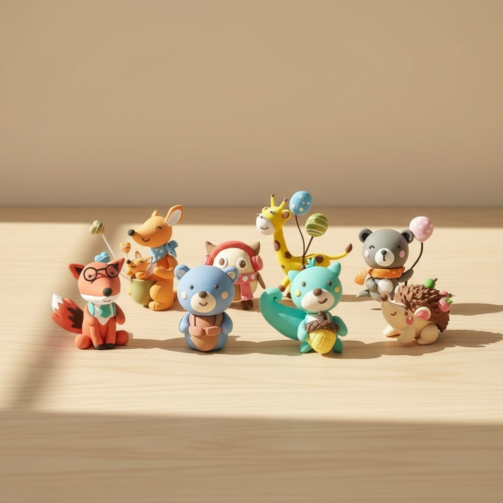 Cute animal themed air dry clay figures arranged on a light wooden surface, featuring handmade style characters in soft pastel colors. Minimalist product photography showcasing creative clay figurines for kids and adults, Montessori inspired DIY activity that encourages imagination, fine motor skills and screen free creative play at home.