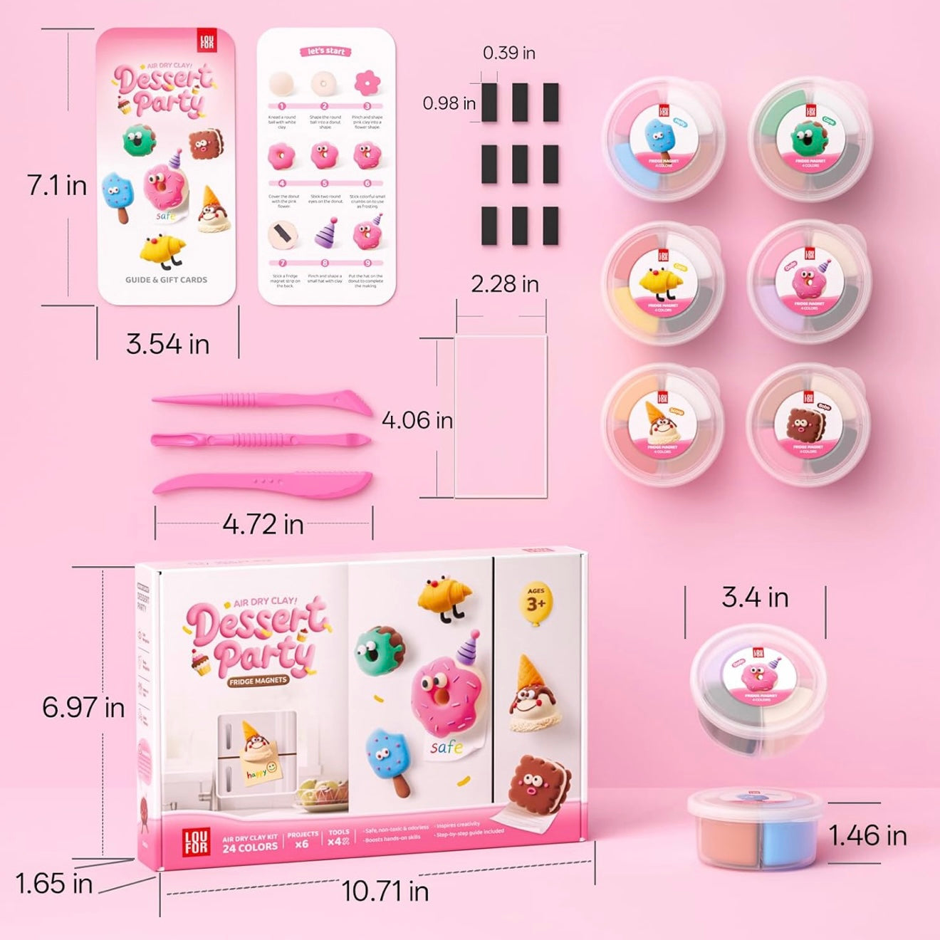 DIY clay magnet kit contents layout with air dry clay colors, sculpting tools, magnets, and step-by-step instructions. Educational craft set for kids to design and create fridge magnets بسهولة. Perfect beginner-friendly creative kit that promotes artistic expression, problem-solving skills, and engaging screen-free entertainment.