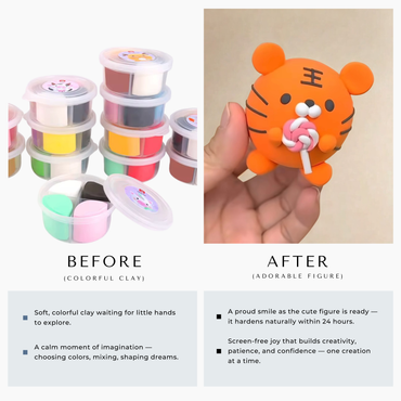 A themed OLiHUG clay figurine pack showing color pieces and character components. Encourages creative play, focus, sensory exploration, and stress-free crafting for kids, teens, and adults.
