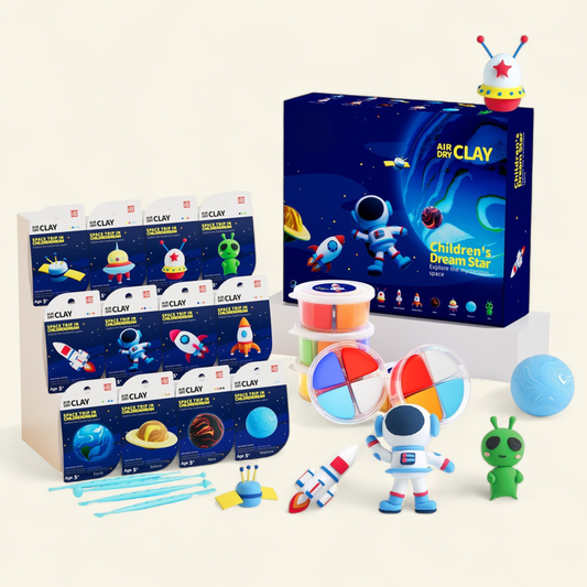 Space Adventure Air Dry Clay Kit featuring 12 galaxy-inspired figurines including astronaut, rocket, planets, and alien. A Montessori-style craft set that inspires kids to explore creativity, science, and imagination through hands-on play. Perfect STEM-inspired gift for birthdays or family fun — helps children focus, relax, and dream big while creating their own cosmic universe.