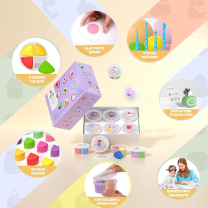Step-by-step Dessert House clay kit guide by OLIHUG and Loufor showing how to shape, decorate, and assemble mini dessert figures. Easy DIY craft process ideal for kids and beginners, supporting creativity, patience, and artistic skills through fun and engaging screen-free activities.