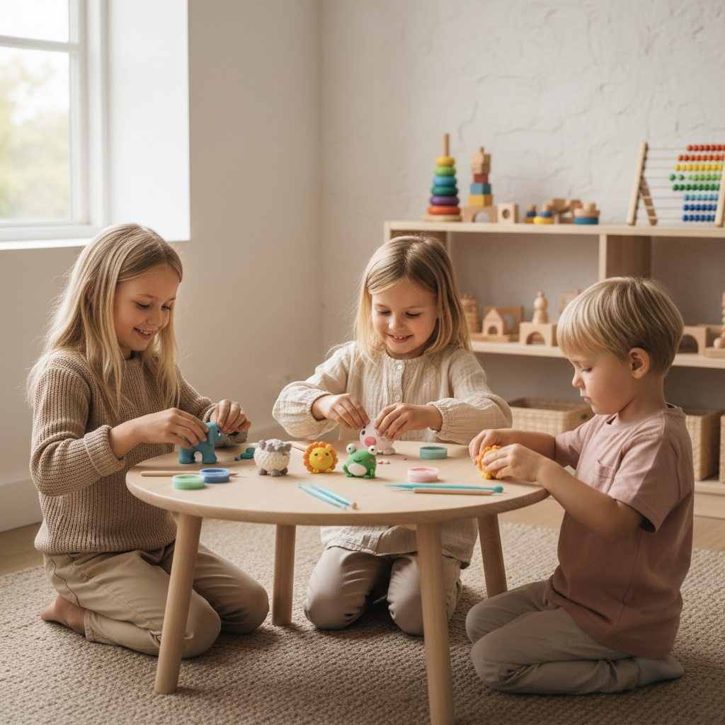 Children enjoying a creative, screen-free activity at home using an OLIHUG air-dry clay kit, shaping colorful animal figures around a wooden table in a Montessori-style playroom. This hands-on kids activity builds fine motor skills, creativity, focus, and social interaction. Perfect for parents looking for educational play ideas, indoor activities for kids, and creative learning through play.