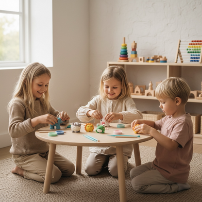 Children enjoying a creative, screen-free activity at home using an OLIHUG air-dry clay kit, shaping colorful animal figures around a wooden table in a Montessori-style playroom. This hands-on kids activity builds fine motor skills, creativity, focus, and social interaction. Perfect for parents looking for educational play ideas, indoor activities for kids, and creative learning through play.