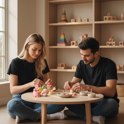 Adults enjoying a calm, creative moment while sculpting colorful air-dry clay desserts together using an OLIHUG creative clay kit. This Montessori-inspired DIY activity promotes mindfulness, fine motor skills, and screen-free bonding for couples, families, and creative adults. Aesthetic neutral interior with wooden toys creates a warm, cozy atmosphere perfect for relaxing hobbies, gift ideas, and mindful play at home.