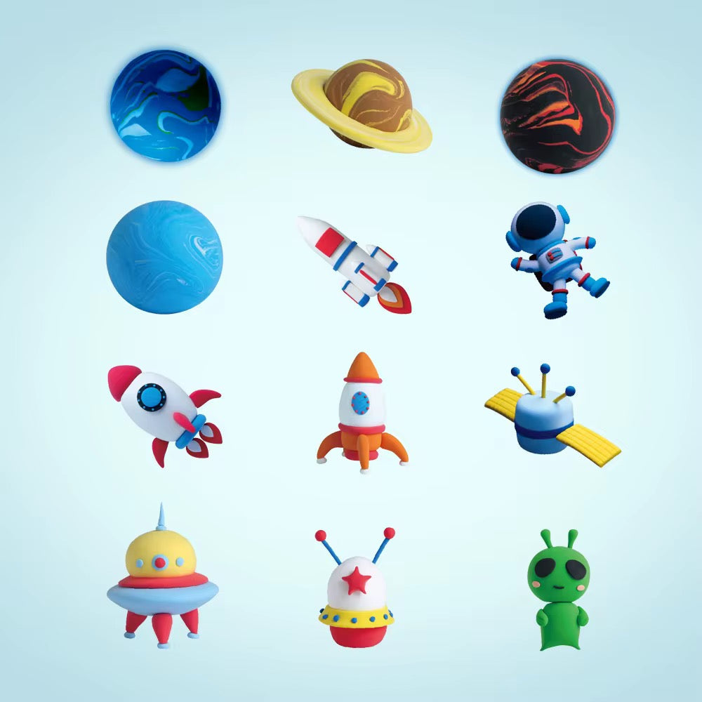 Variety of colorful space-themed clay characters floating in a playful layout. Perfect DIY activity for boys and girls who love outer space, aliens, and astronauts.