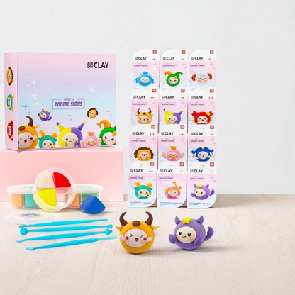 Discover the Zodiac Air Dry Clay Kit – a creative DIY craft box with 12 collectible zodiac figurines. Perfect for kids and adults to relax, focus, and create art without screens. Montessori-inspired activity that develops fine motor skills, patience, and imagination. Safe, non-toxic, and eco-friendly materials.