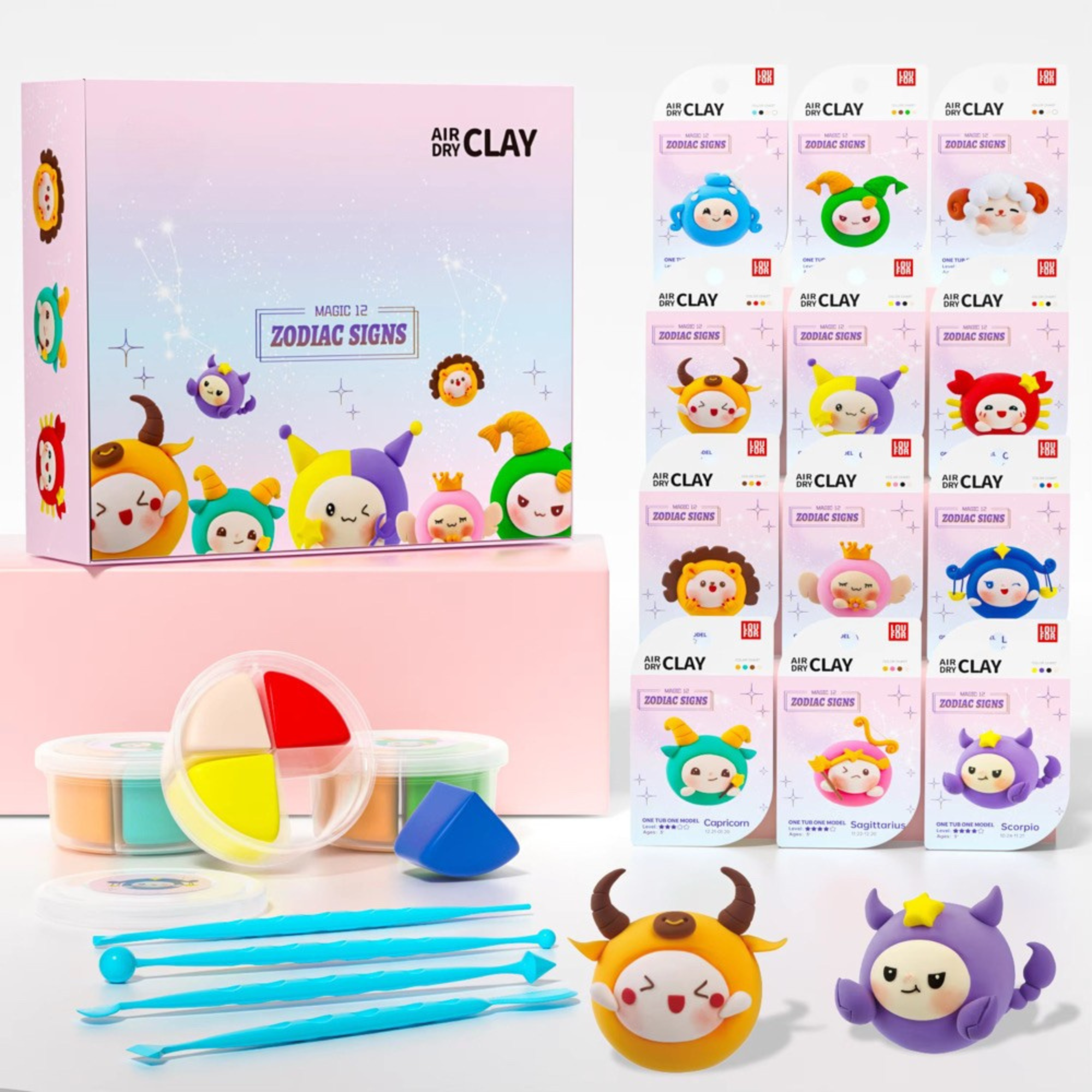 Zodiac themed air dry clay kit for kids and adults, featuring 12 cute zodiac sign figures with colorful soft clay, step by step instruction cards, wooden sculpting tools and gift box packaging. Creative Montessori inspired DIY activity for screen free play, fine motor skills, imagination and mindful family bonding at home. Perfect educational gift for children ages 3+, birthdays and holidays.