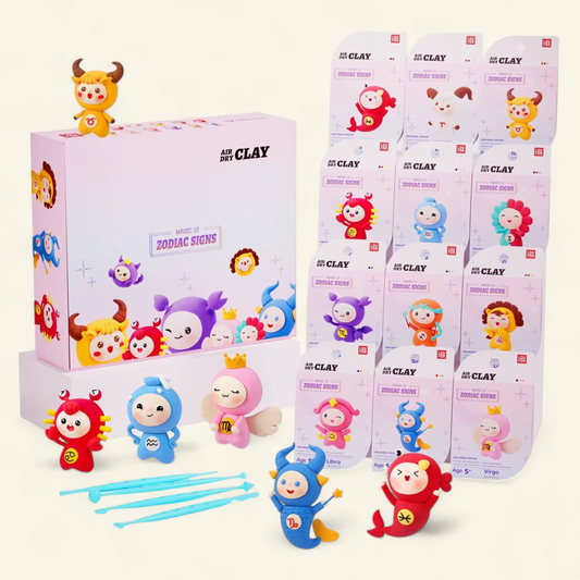 A vibrant Zodiac Signs Air Dry Clay Kit featuring 12 colorful collectible figurines representing each zodiac sign. Designed for creative kids and mindful adults, this Montessori-inspired DIY craft set encourages imagination, focus, and joyful screen-free play. Perfect as a unique birthday, holiday, or family gift that connects creativity with cosmic energy and self-expression.