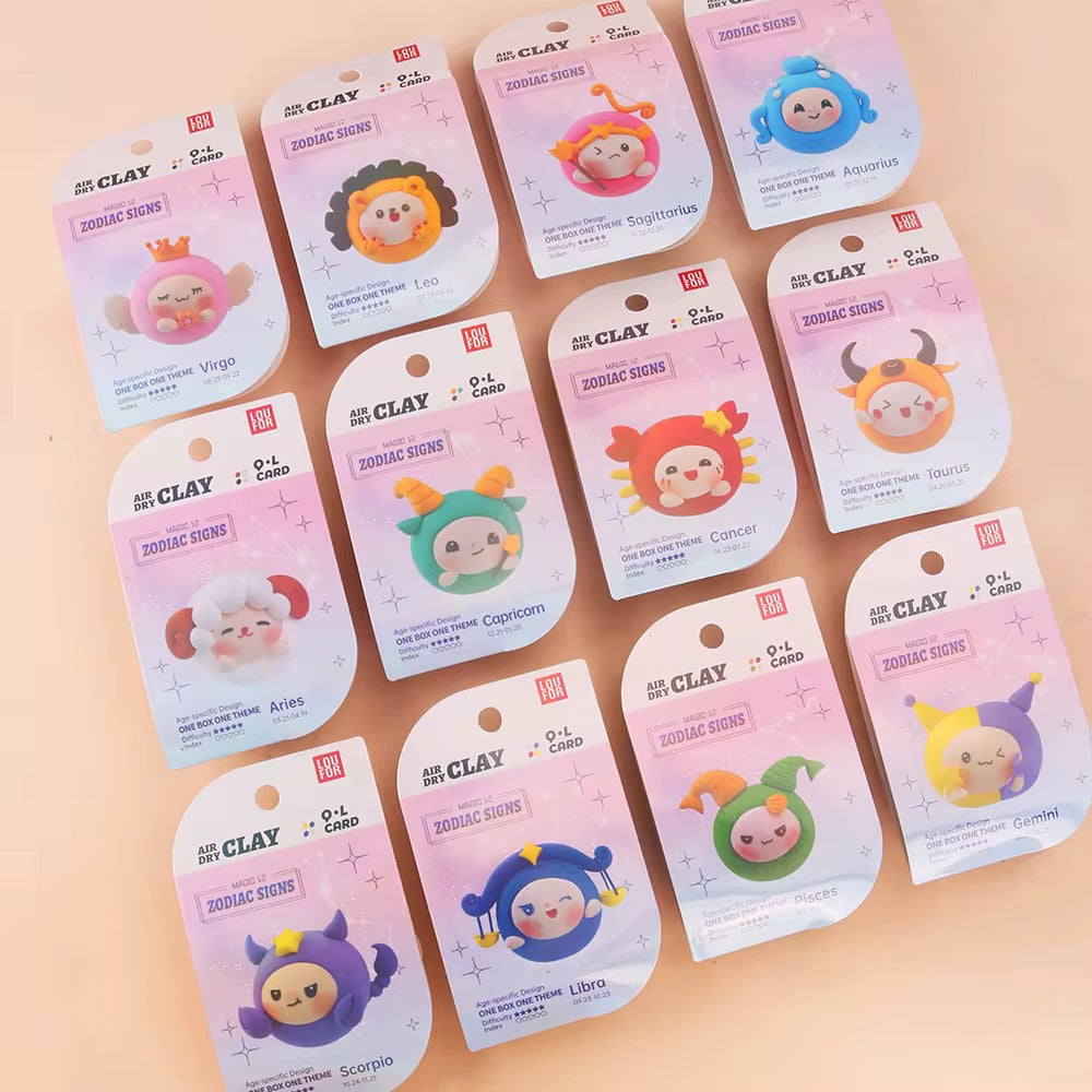 Air Dry Clay Kit – a creative DIY craft box with 12 collectible zodiac figurines. Perfect for kids and adults to relax, focus, and create art without screens. Montessori-inspired activity that develops fine motor skills, patience, and imagination. Safe, non-toxic, and eco-friendly materials.