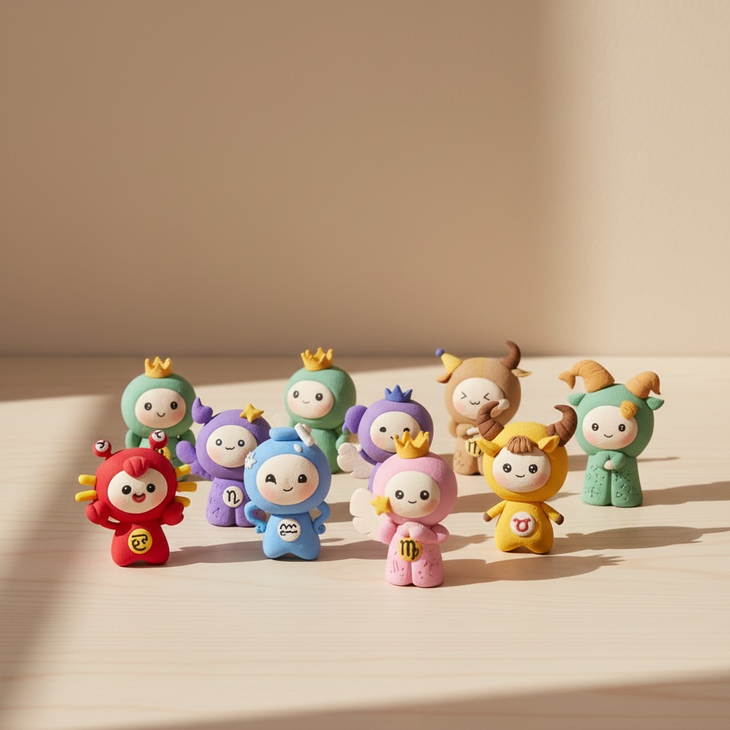 Zodiac themed air dry clay figures arranged on a light wooden surface, featuring cute handmade zodiac characters in soft pastel colors. Minimalist product photography showcasing creative clay figurines for kids and adults, Montessori inspired DIY activity for imagination, fine motor skills and screen free creative play at home.