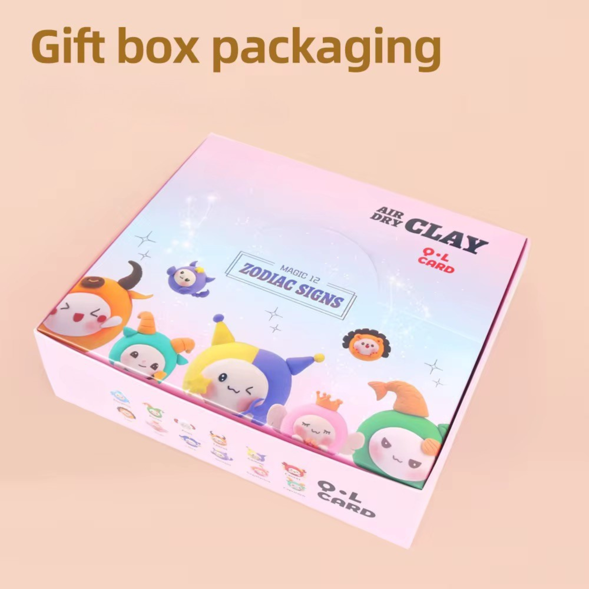 Zodiac themed air dry clay kit for kids and adults, featuring 12 cute zodiac sign figures with colorful soft clay, step by step instruction cards, wooden sculpting tools and gift box packaging. Creative Montessori inspired DIY activity for screen free play, fine motor skills, imagination and mindful family bonding at home. Perfect educational gift for children ages 3+, birthdays and holidays.