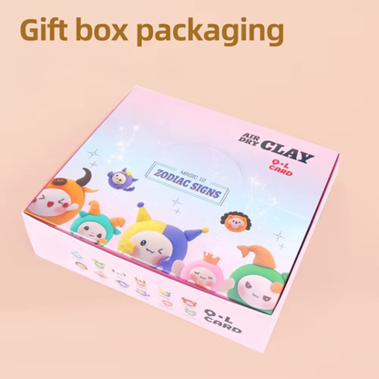 Zodiac themed air dry clay kit for kids and adults, featuring 12 cute zodiac sign figures with colorful soft clay, step by step instruction cards, wooden sculpting tools and gift box packaging. Creative Montessori inspired DIY activity for screen free play, fine motor skills, imagination and mindful family bonding at home. Perfect educational gift for children ages 3+, birthdays and holidays.