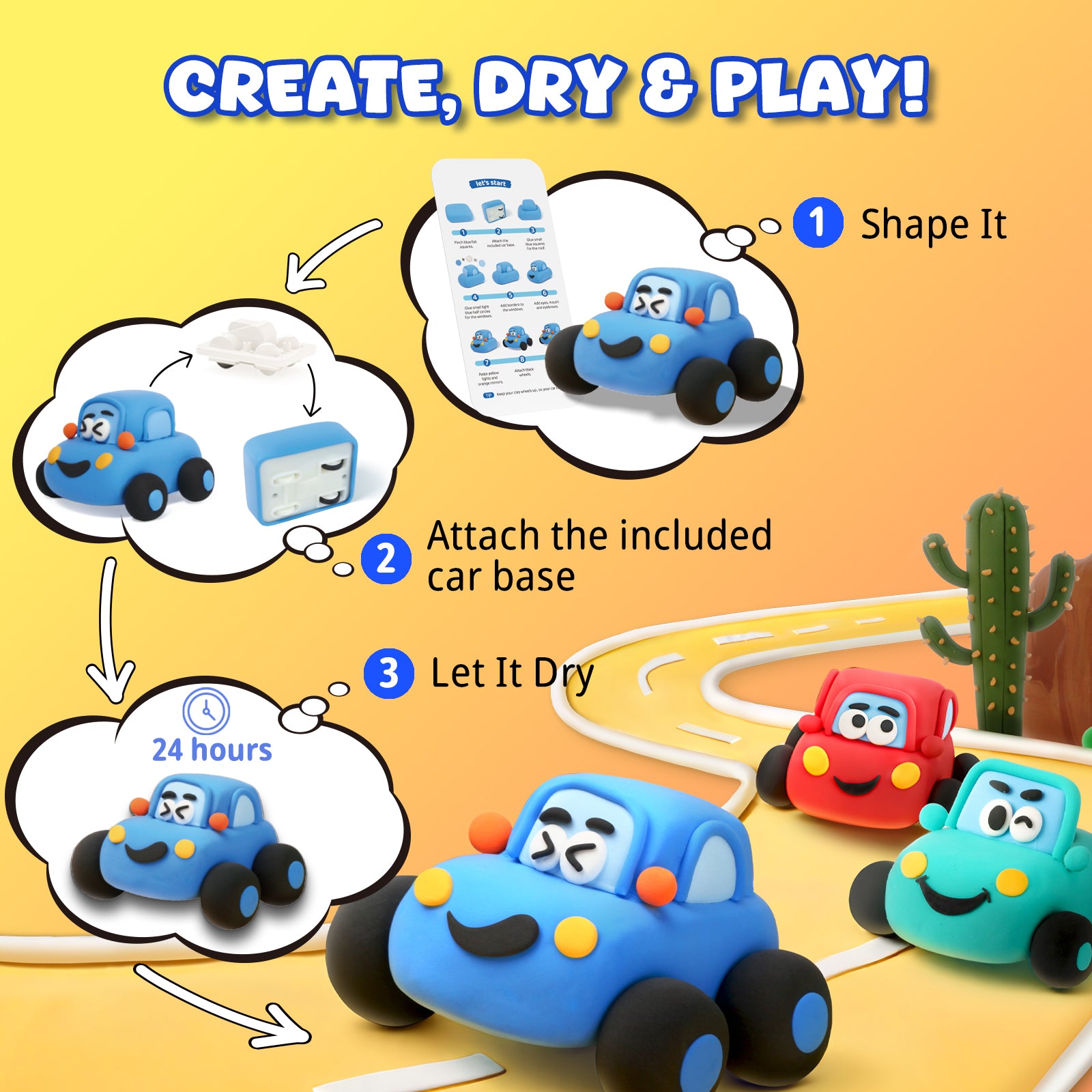 Create dry and play air dry clay car kit showing finished racing cars ready for play, build your own toy activity for kids, creative screen free clay set that turns into playable cars, OLIHUG DIY toy kit made with Loufor air dry clay