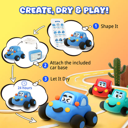 Create dry and play air dry clay car kit showing finished racing cars ready for play, build your own toy activity for kids, creative screen free clay set that turns into playable cars, OLIHUG DIY toy kit made with Loufor air dry clay