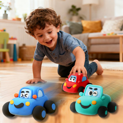 Child playing with finished clay toy cars on the floor, build and play air dry clay activity for toddlers and kids, screen free creative toy that supports imagination and motor skill development, OLIHUG racing car clay kit made with Loufor air dry clay