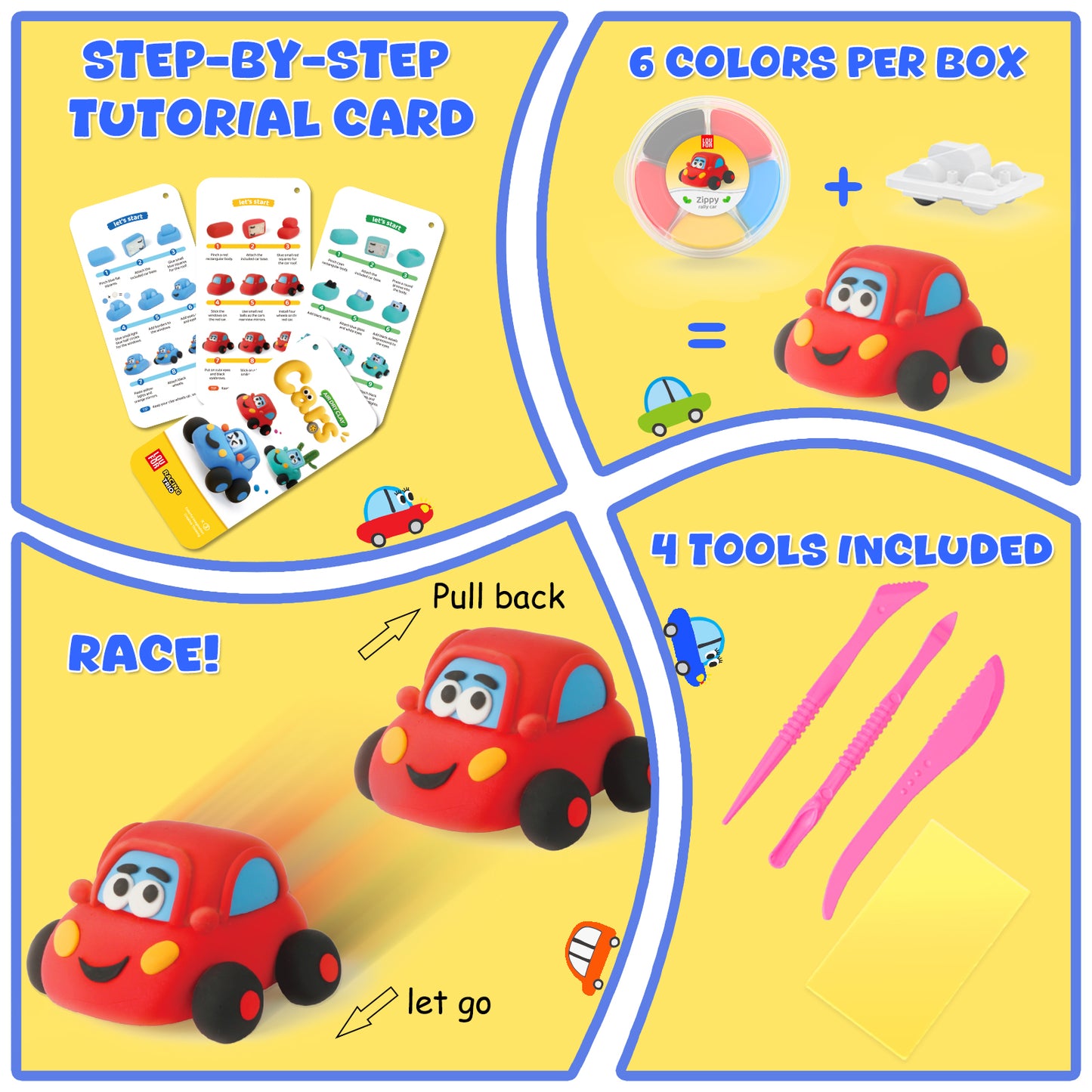 Step by step tutorial card for building clay toy cars, easy instructions for kids and beginners, educational DIY air dry clay activity that supports fine motor skills and creative confidence, OLIHUG clay car 