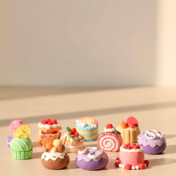 Mini dessert and cake figures handmade from an air dry clay DIY kit, displayed on a neutral surface with soft natural light. Screen-free creative activity for kids, adults, and couples, ideal for sensory play, stress relief, and cozy creative time at home. Popular creative gift idea for 2026, perfect for birthdays, unique presents, mindfulness hobbies, and fun date night activities. OLIHUG clay kits powered by Loufor offer non-toxic air dry clay designed for modern screen-free creativity and meaningful bond