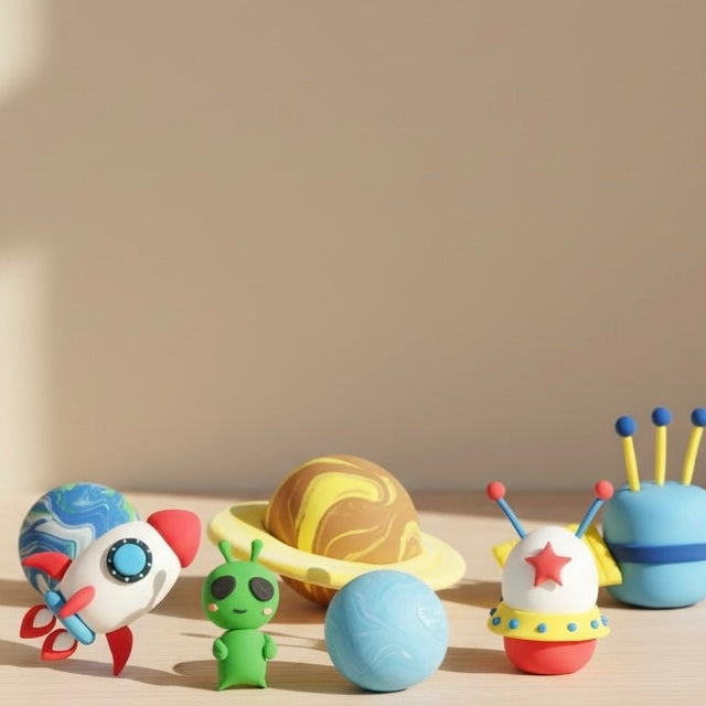 Space-themed air dry clay figures handmade from a creative DIY clay kit, featuring planets, rockets, and playful characters on a neutral background. Screen-free activity kit designed for kids, adults, and couples, ideal for sensory play, mindfulness, and relaxing creative time at home. Popular creative gift idea for 2026, perfect for birthdays, unique presents, and cozy date night activities. OLIHUG clay kits powered by Loufor offer non-toxic air dry clay for modern screen-free play and creative bonding.