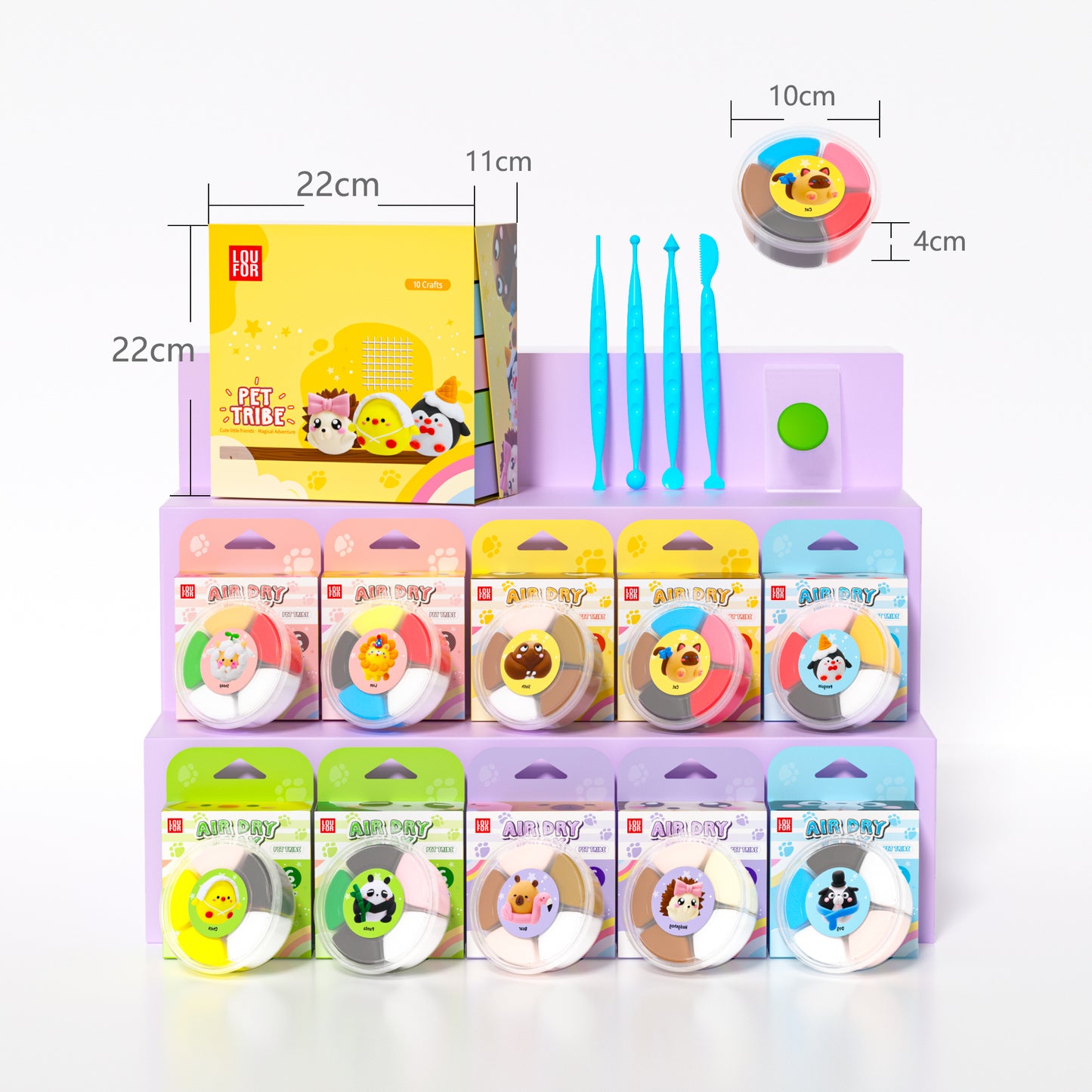 Clay craft kit contents overview showing air dry clay tubs, sculpting tools, molds and instruction cards, complete DIY craft set for kids and beginners, educational creative activity for screen free play, safe non toxic clay kit for home, school and art classes