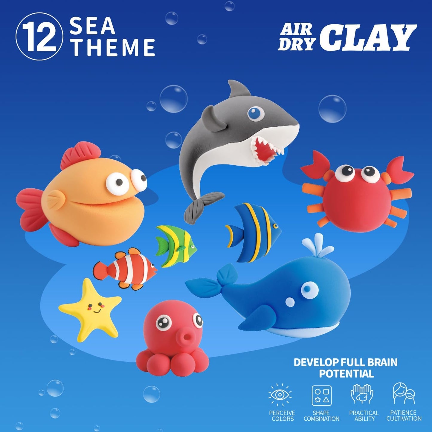 Finished sea animal clay figures including fish, crab, octopus and dolphin made from air dry clay, ocean themed creative project for kids and adults, educational DIY clay activity that encourages imagination and creativity, Montessori inspired play by OLIHUG using high quality Loufor air dry clay, ideal gift for art lovers and children
