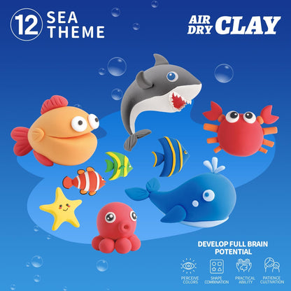Finished sea animal clay figures including fish, crab, octopus and dolphin made from air dry clay, ocean themed creative project for kids and adults, educational DIY clay activity that encourages imagination and creativity, Montessori inspired play by OLIHUG using high quality Loufor air dry clay, ideal gift for art lovers and children
