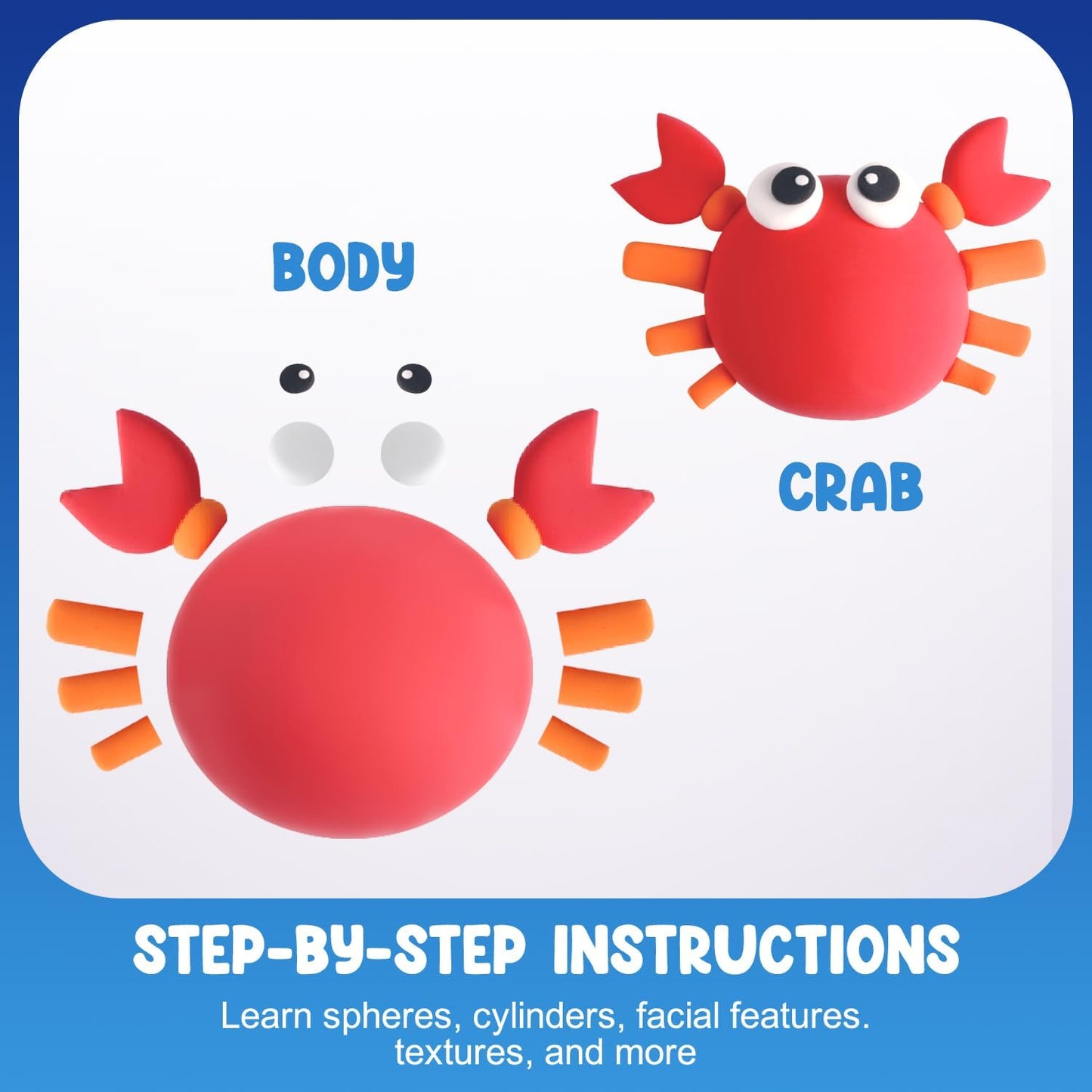 Step by step air dry clay instructions showing how to sculpt sea animals, beginner friendly clay tutorial for kids and adults, educational DIY activity supporting fine motor skills and creative confidence, OLIHUG instruction cards designed for easy learning using Loufor air dry clay, ideal for screen free play and mindful crafting