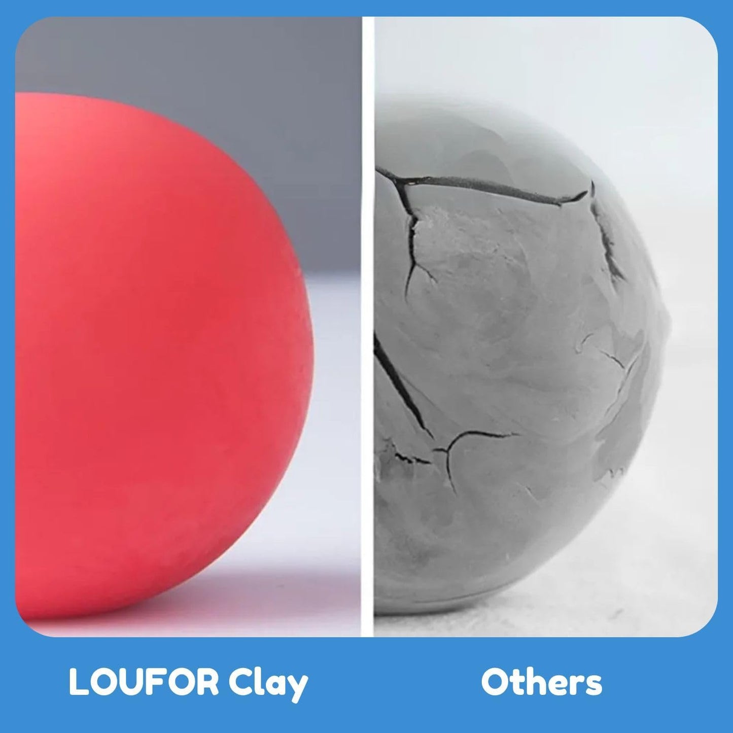 Air dry clay texture comparison showing soft Loufor air dry clay versus cracked low quality clay, premium modeling clay for kids and adults, smooth and easy to shape material for creative projects, OLIHUG clay kits made with Loufor air dry clay ensuring better results, durability and enjoyable sculpting experience